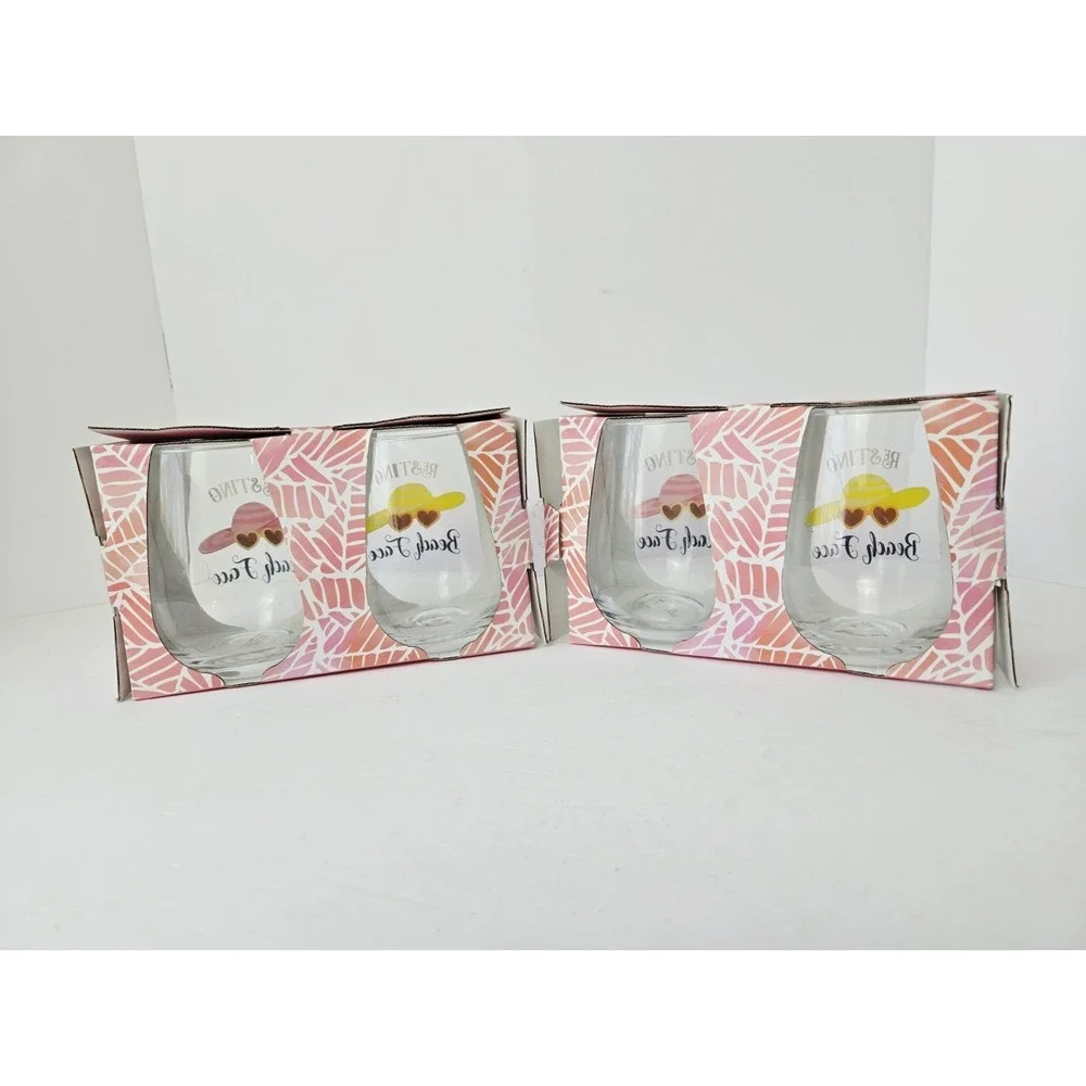 New Stemless wine glasses‎ Summer Resting Beach Face set of 4 NEW